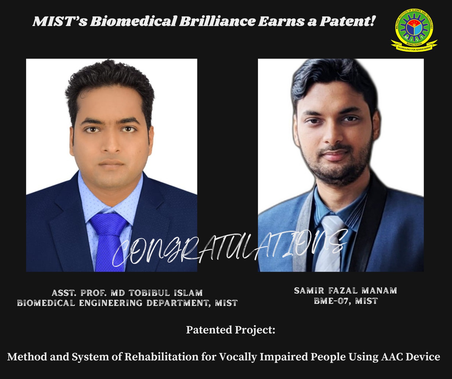 Assistant Professor Md Tobibul Islam files patent for his project "Method and System of Rehabilitation for Vocally Impaired People Using AAC Device"